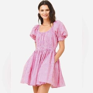 NWT RHODE Anika‎ Pink Striped Dress Size Large Violet Mini Puff Sleeve Cotton